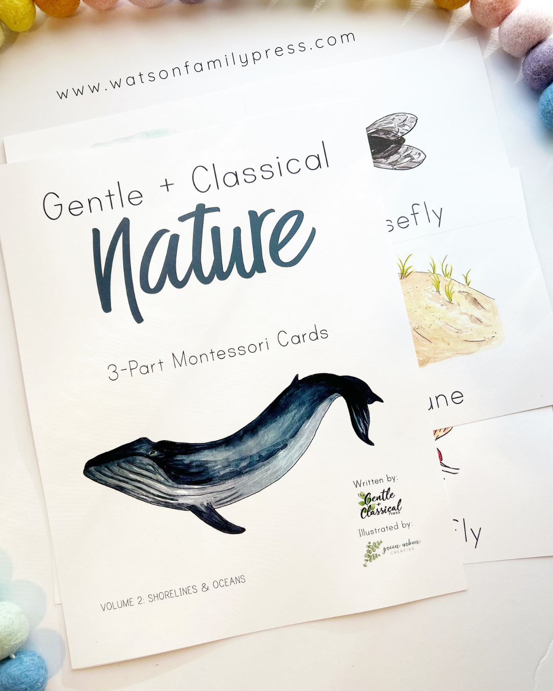 A printed card deck titled 'Gentle + Classical Nature' for 3-part Montessori cards, featuring a blue whale illustration and partial nature-themed illustrations on white cards, photographed on a light surface with colorful pom-poms around the edges.