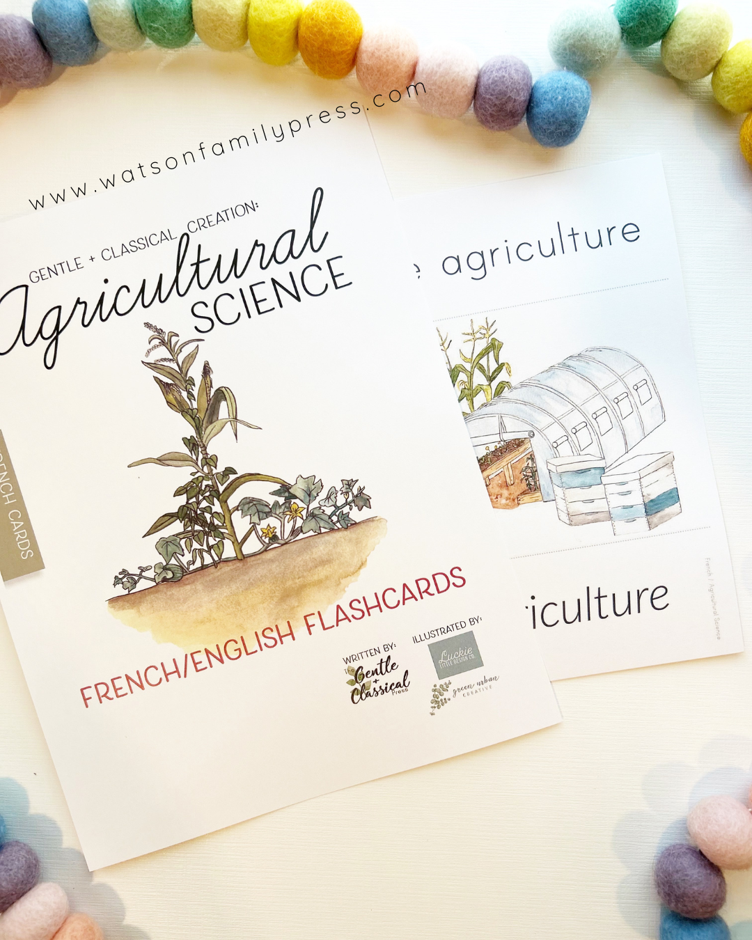 Two printed flashcard pages titled 'Agricultural Science' with watercolor botanical and greenhouse illustrations, arranged on a light surface with pastel felt balls around them. Visible text includes 'www.