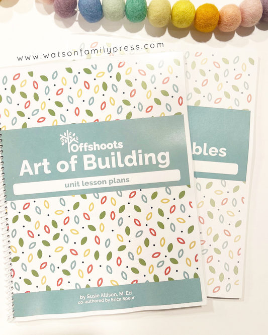 Offshoots Learning Art of Building unit lesson plans book with colorful bead decoration on a white background