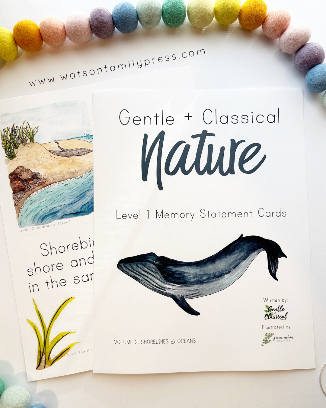 Two watercolor memory statement cards for children titled 'Gentle + Classical Nature' are displayed on a white background with a string of colorful felt pom-poms along the top. The front card features a blue-gray whale illustration and the text 'Level 1 Memory Statement Cards', while the partially visible second card shows a shoreline watercolor and the text 'Shoreline shore and in the sand'.