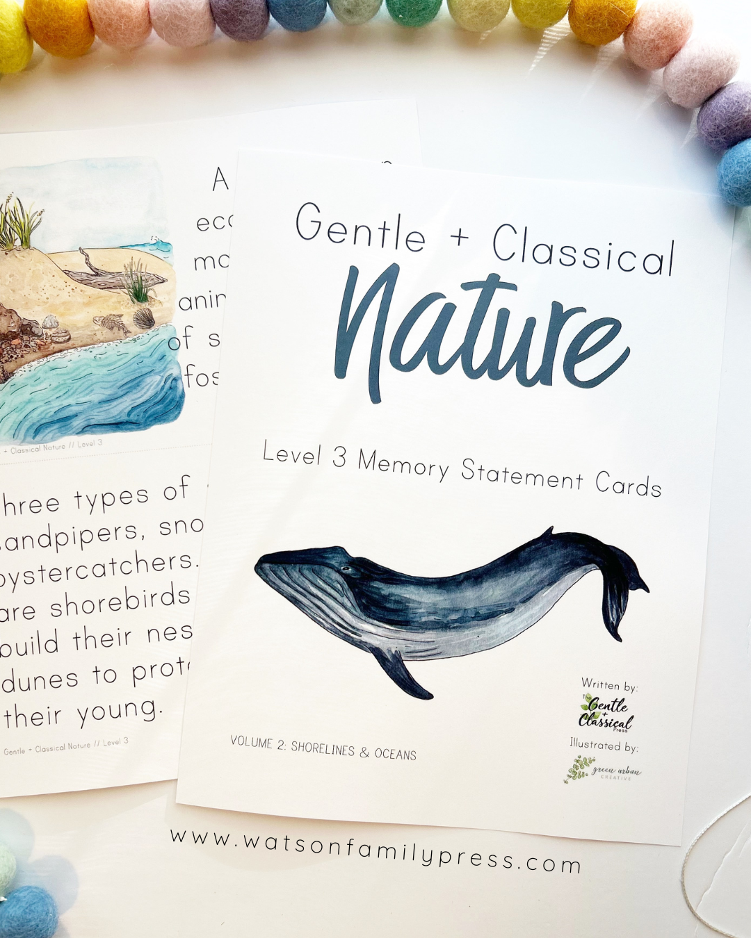 Memory statement cards for children titled 'Gentle + Classical Nature' with a whale illustration, shown on a white background with colorful pom-pom beads around the edge.