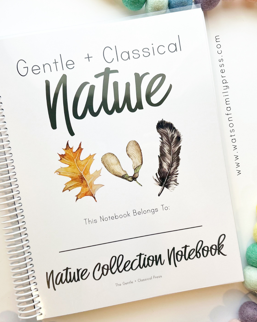 A spiral-bound notebook titled 'Gentle + Classical Nature: Natural Collection Notebook' with watercolor illustrations of an oak leaf, acorns, and a feather on the cover, photographed on a light surface with colorful pom-poms around it.