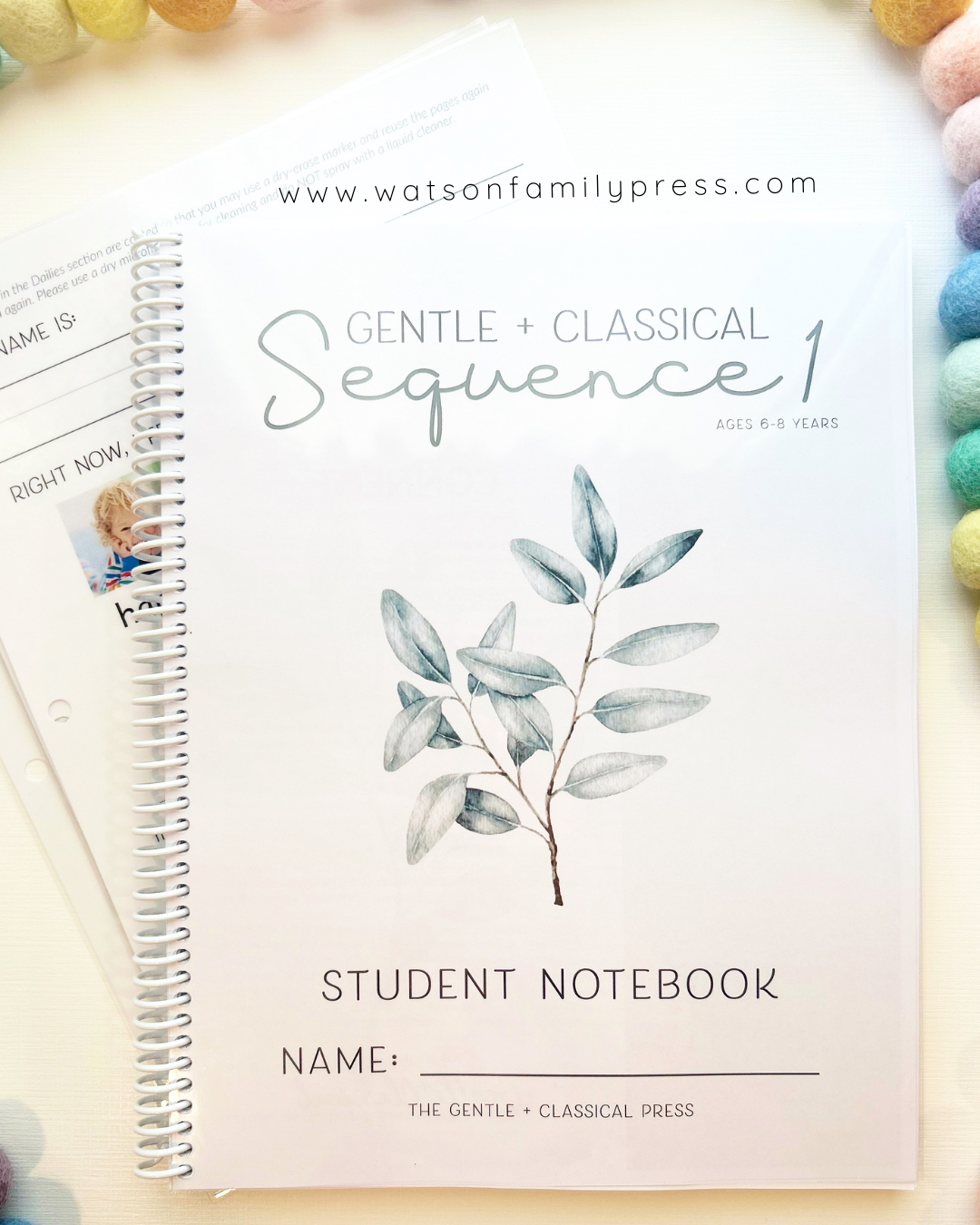 A spiral-bound notebook titled 'Gentle + Classical Sequence 1 Student Notebook' with a Branch illustration on the cover, styled on a light surface with colorful pom-pom beads around it.