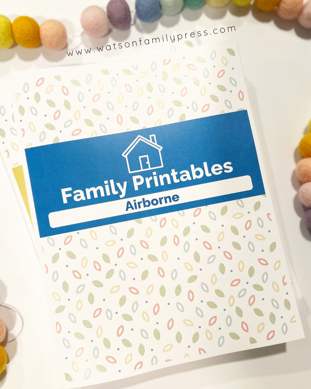 A loose leaf printables bundle with a colorful cover featuring the title 'Family Printables - Airborne', which is a home learning curriculum by Susie Allison and Erica Spear. The cover has a pattern of colorful dots and the book is presented on a surface with various colorful items around it.