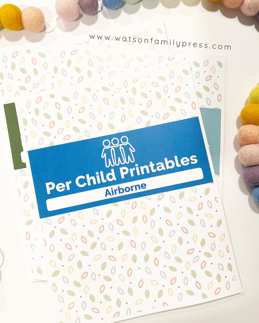 Stack of 'Per Child Printables' folders with a patterned design on the covers, titled 'Per Child Printables - Airborne' from Watson Family Press.