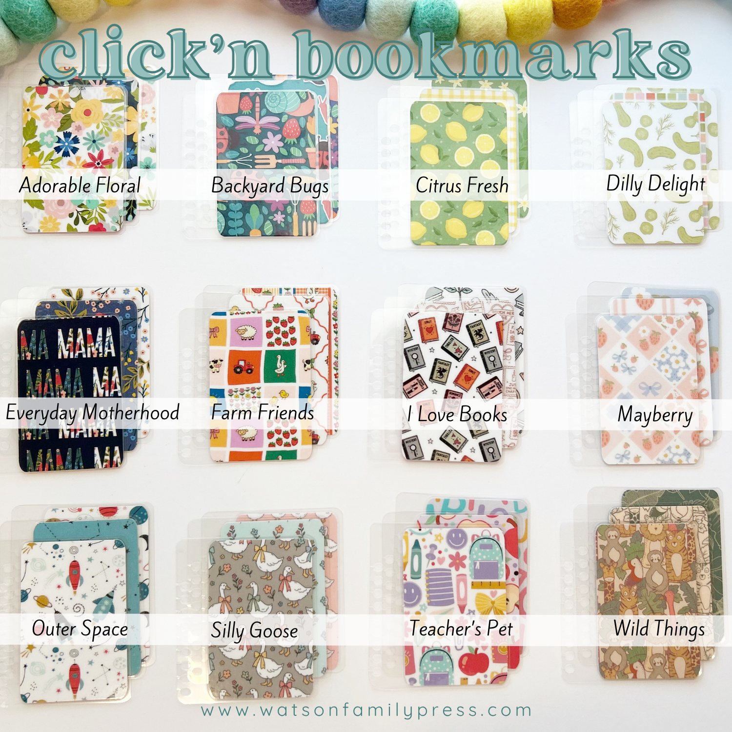 Collection of colorful click-in bookmarks with various designs and text labels on a white background. 
