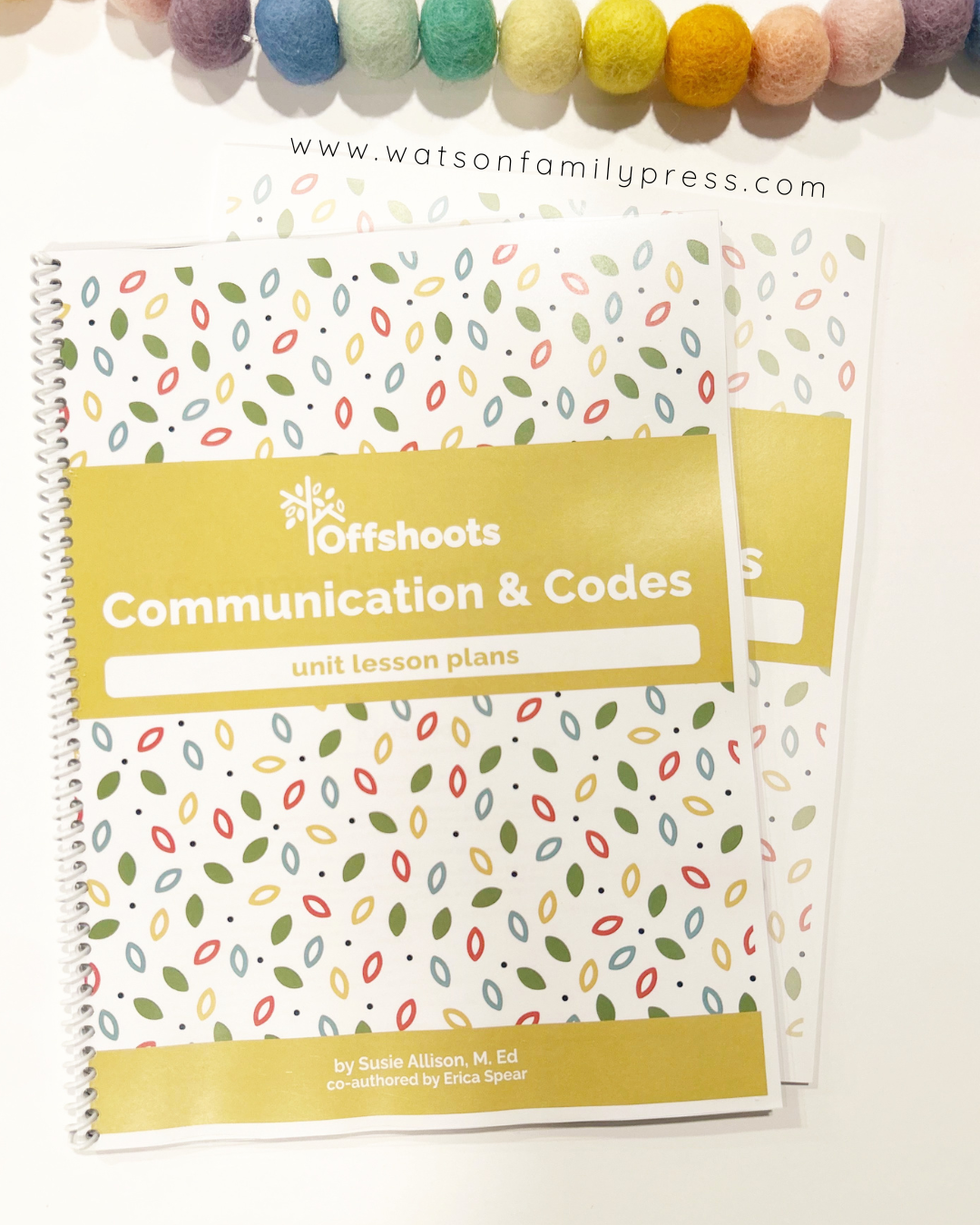 Spiral-bound book titled 'Communication & Codes' by Offshoots on a white background with colorful beads at the top.